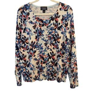 Lands' End Floral Supima Cotton Cardigan Sweater Blue Red Button Up Large